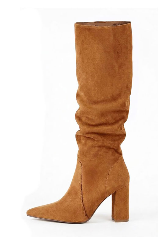 Dress custom-made formal knee-high boots in camel beige leather with high block heels and pointed toe- Top view